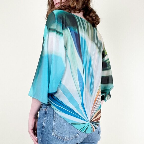Vintage Silk Rainbow Blouse Sheer Boho Hippie Disco Print Coastal Festival Top - Picture 3 of 6